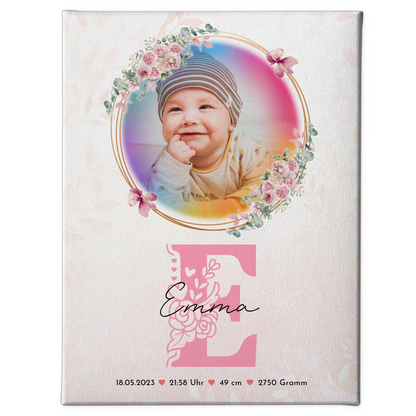 Leinwand Wandbild zur Geburt Baby mit Foto, Name, Initial, Gewicht, Größe und Datum