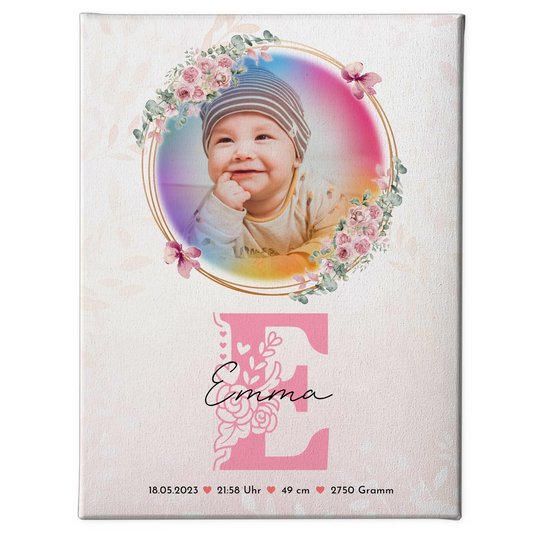 Leinwand Wandbild zur Geburt Baby mit Foto, Name, Initial, Gewicht, Größe und Datum
