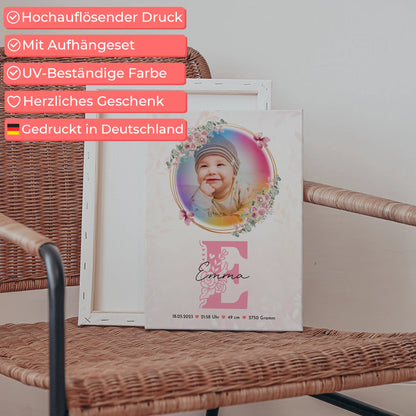 Leinwand Wandbild zur Geburt Baby mit Foto, Name, Initial, Gewicht, Größe und Datum