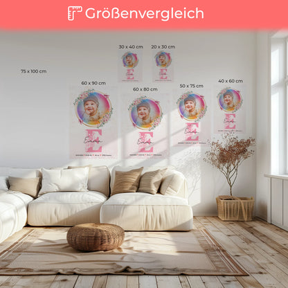 Leinwand Wandbild zur Geburt Baby mit Foto, Name, Initial, Gewicht, Größe und Datum
