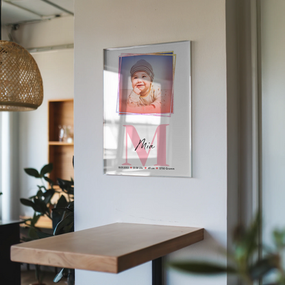 Acrylglas Mit Foto zur Geburt Baby mit Name, Initiale und Geburtsdaten