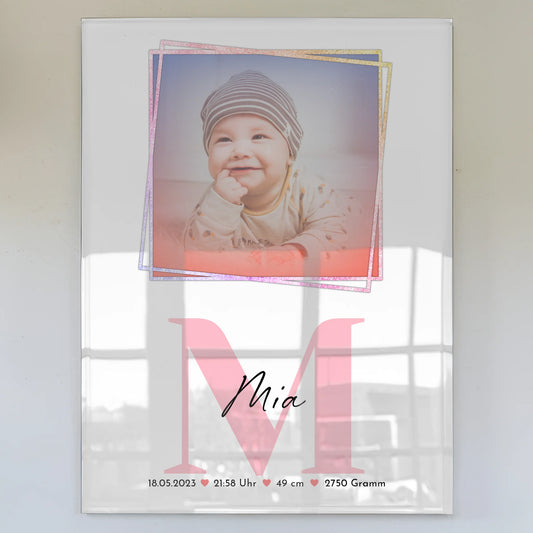 Acrylglas Mit Foto zur Geburt Baby mit Name, Initiale und Geburtsdaten
