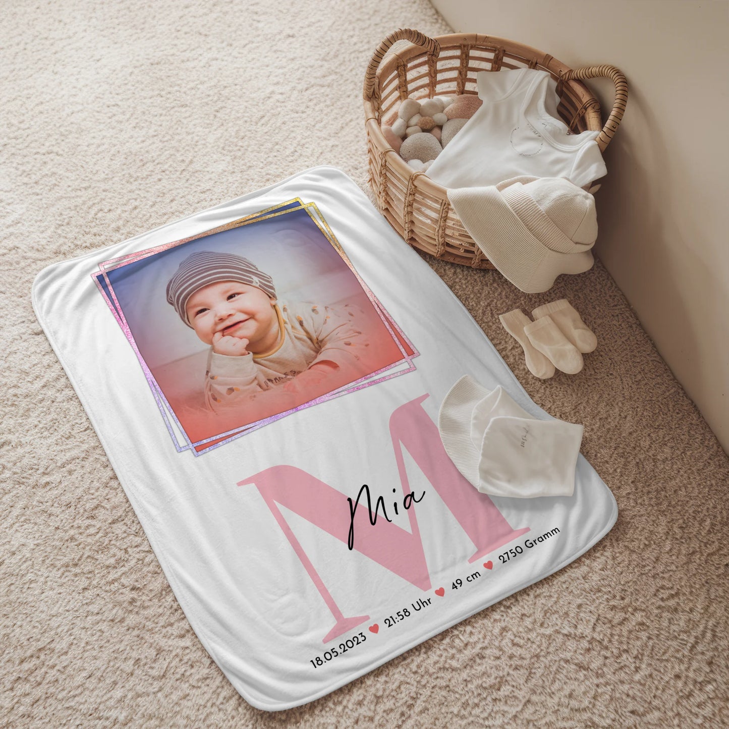 Babydecke Mit Namen mit Foto, Geburtsdaten, Initiale & Name, Größe