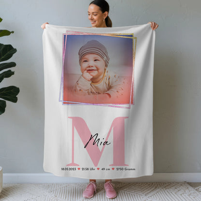 Babydecke Mit Namen mit Foto, Geburtsdaten, Initiale & Name, Größe