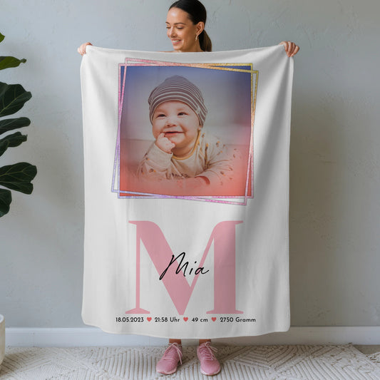 Babydecke Mit Namen mit Foto, Geburtsdaten, Initiale & Name, Größe