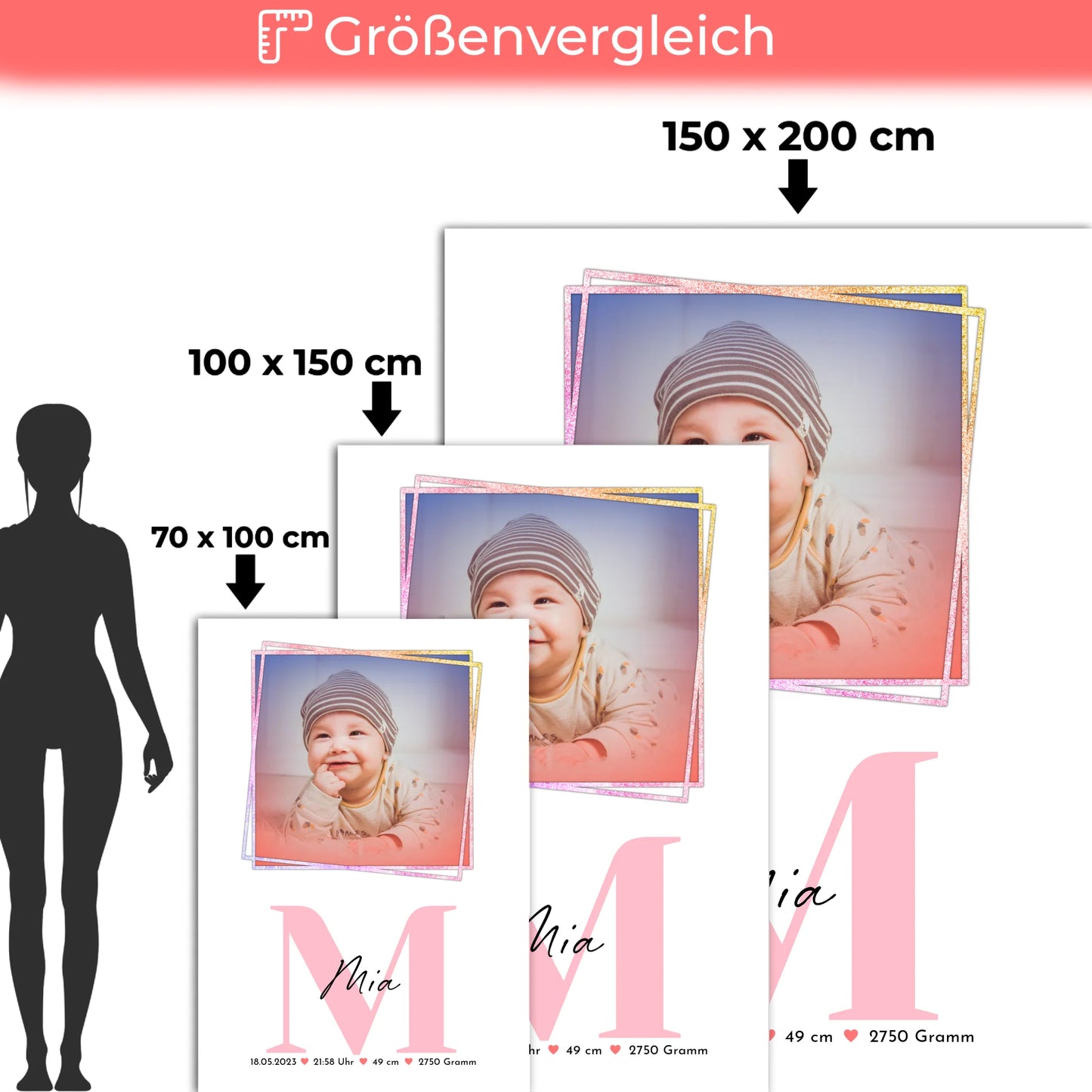 Babydecke Mit Namen mit Foto, Geburtsdaten, Initiale & Name, Größe