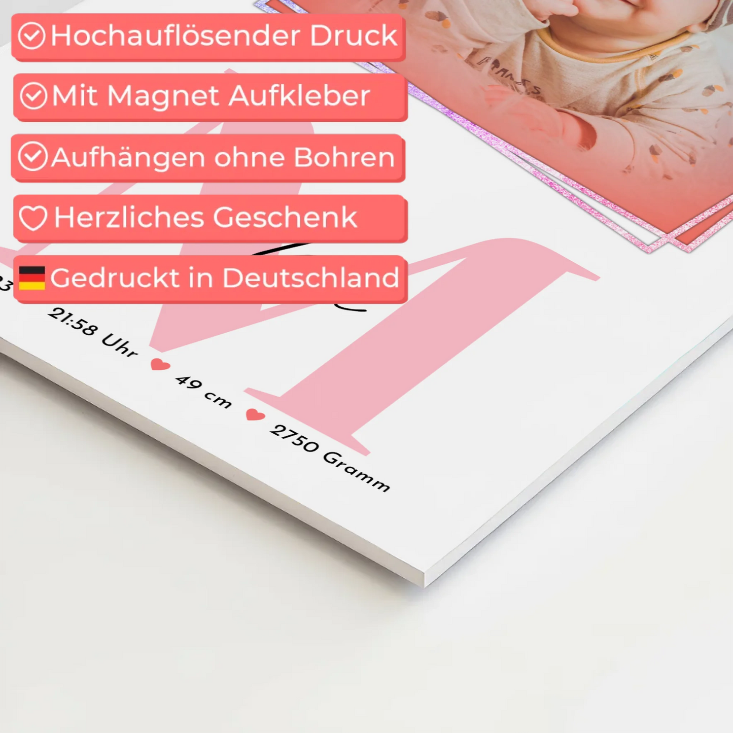 Magnet Poster Wandbild Baby zur Geburt mit Foto, Name & Geburtsdaten