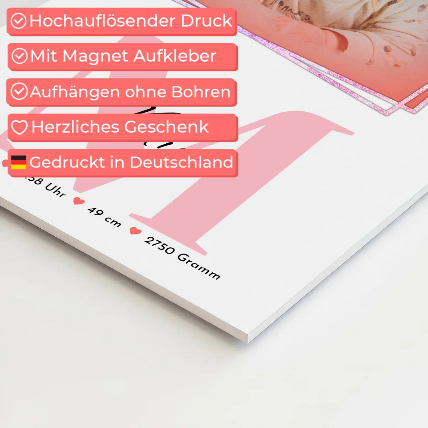 Magnet Poster Wandbild Baby zur Geburt mit Foto, Name & Geburtsdaten