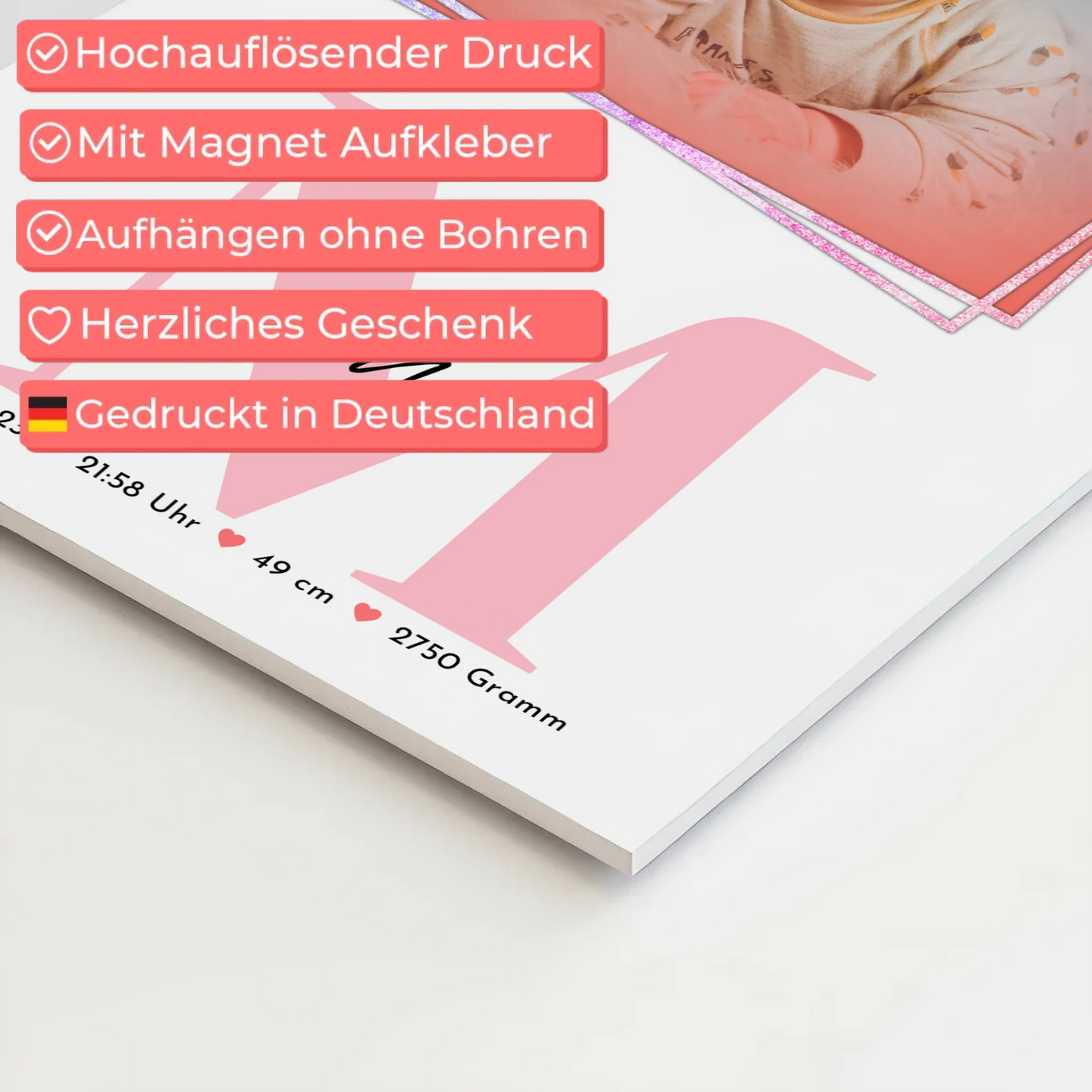 Magnet Poster Wandbild Baby zur Geburt mit Foto, Name & Geburtsdaten