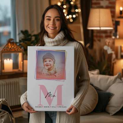 Leinwand Wandbild Baby Geburt mit Foto, Name & Geburtsdaten personalisierbar