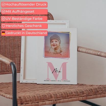 Leinwand Wandbild Baby Geburt mit Foto, Name & Geburtsdaten personalisierbar