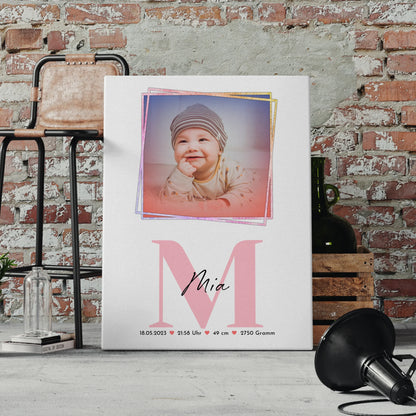 Leinwand Wandbild Baby Geburt mit Foto, Name & Geburtsdaten personalisierbar