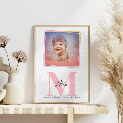 Poster Mit Geburtsdaten Baby mit Foto, Name & Initial, Gewicht Größe Uhrzeit