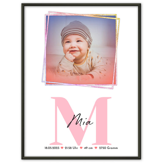 Poster Mit Geburtsdaten Baby mit Foto, Name & Initial, Gewicht Größe Uhrzeit