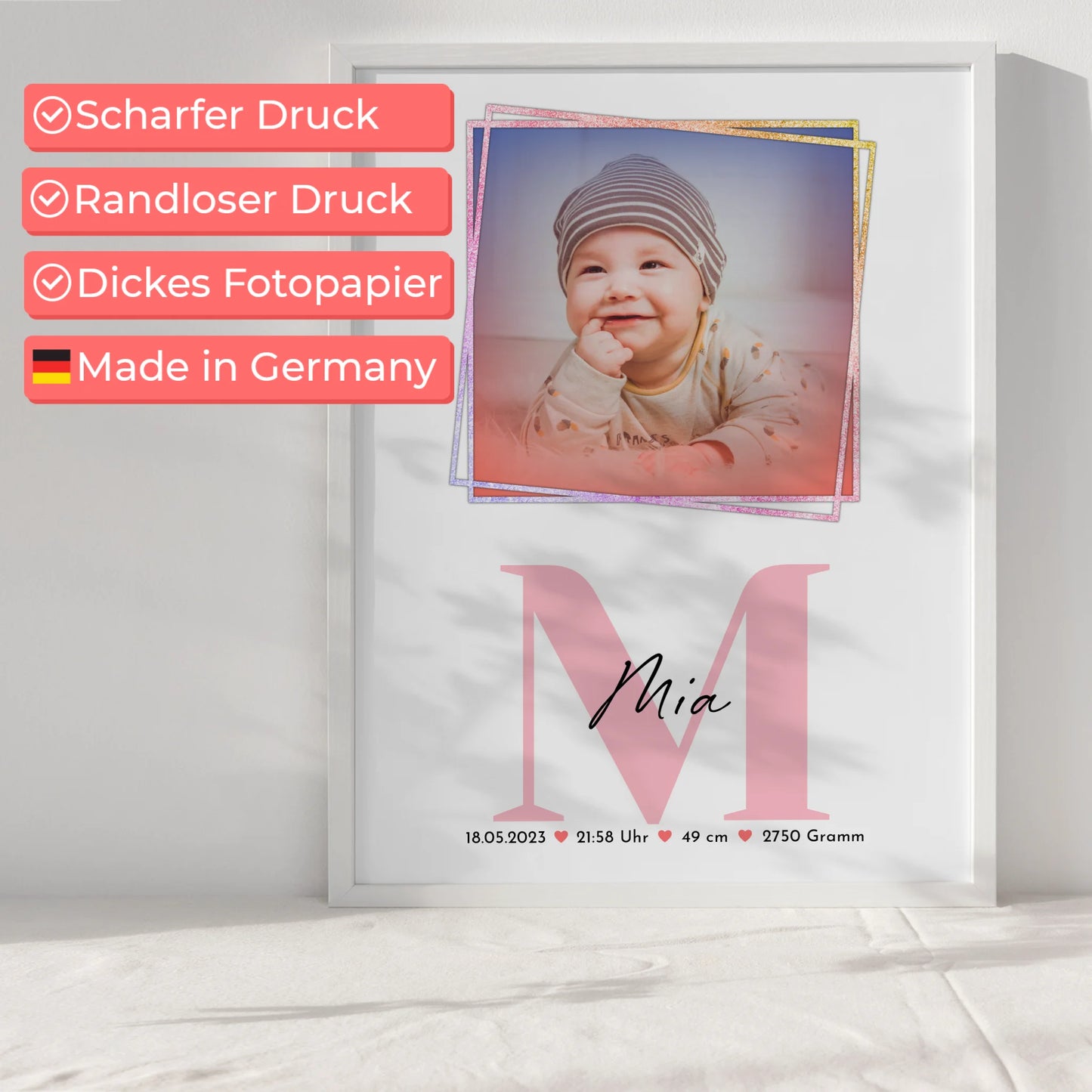 Poster Mit Geburtsdaten Baby mit Foto, Name & Initial, Gewicht Größe Uhrzeit