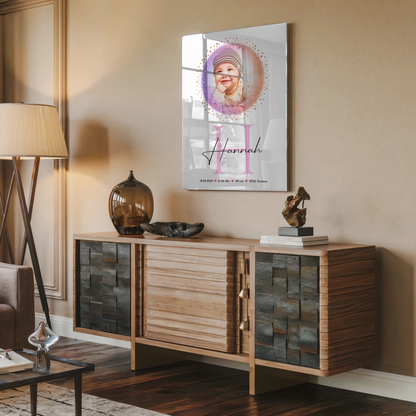 Foto Acrylglas zur Geburt Baby mit Namen & Initial, Datum