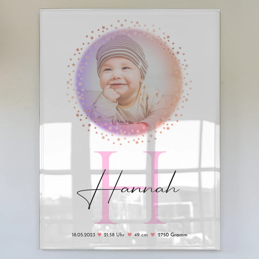 Foto Acrylglas zur Geburt Baby mit Namen & Initial, Datum
