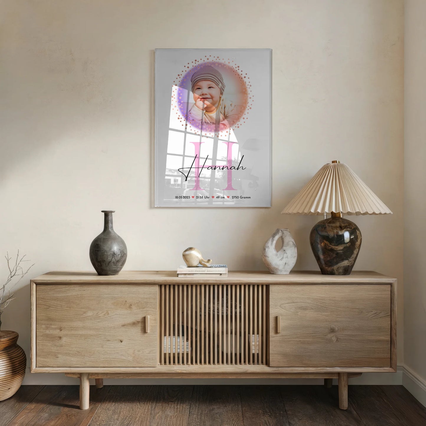 Foto Acrylglas zur Geburt Baby mit Namen & Initial, Datum