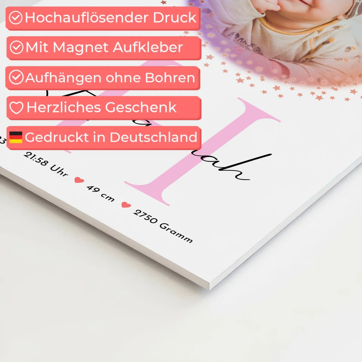 Fotoboard Magnet Wandbild Geburt Baby mit Namen Foto & Geburtsdaten