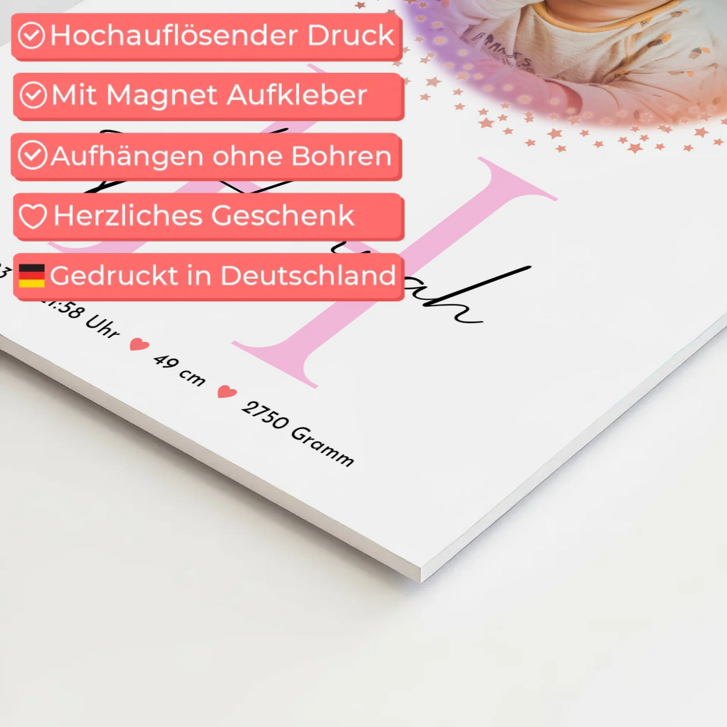 Fotoboard Magnet Wandbild Geburt Baby mit Namen Foto & Geburtsdaten