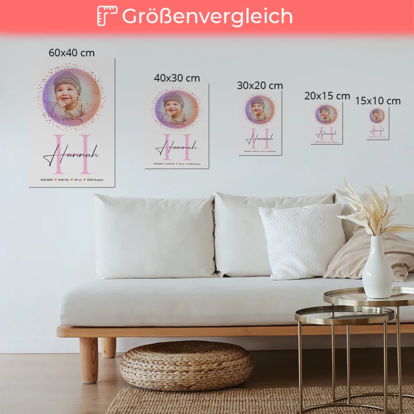 Fotoboard Magnet Wandbild Geburt Baby mit Namen Foto & Geburtsdaten
