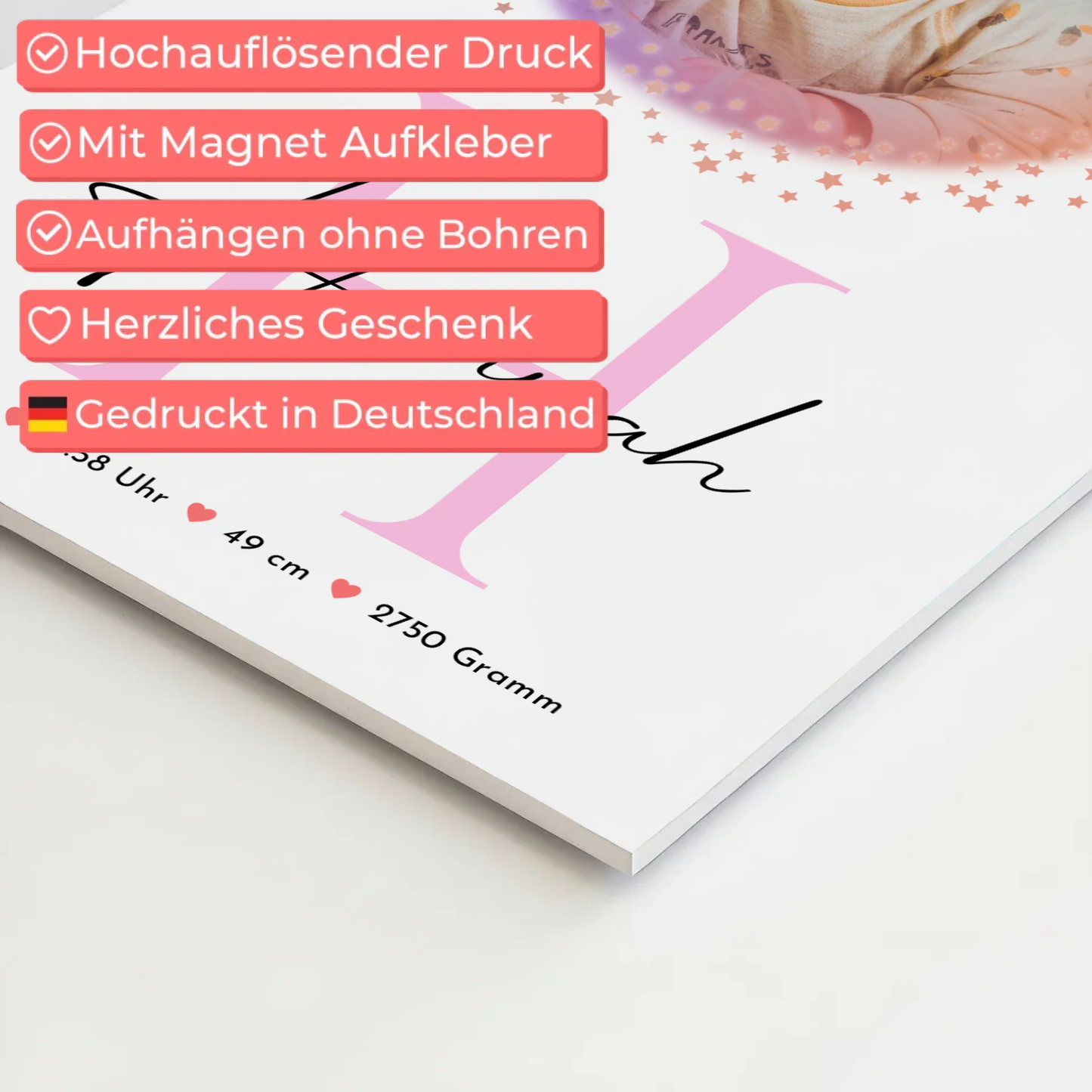 Fotoboard Magnet Wandbild Geburt Baby mit Namen Foto & Geburtsdaten