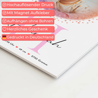Fotoboard Magnet Wandbild Geburt Baby mit Namen Foto & Geburtsdaten