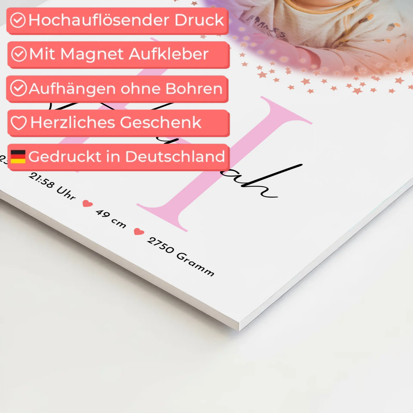 Fotoboard Magnet Wandbild Geburt Baby mit Namen Foto & Geburtsdaten