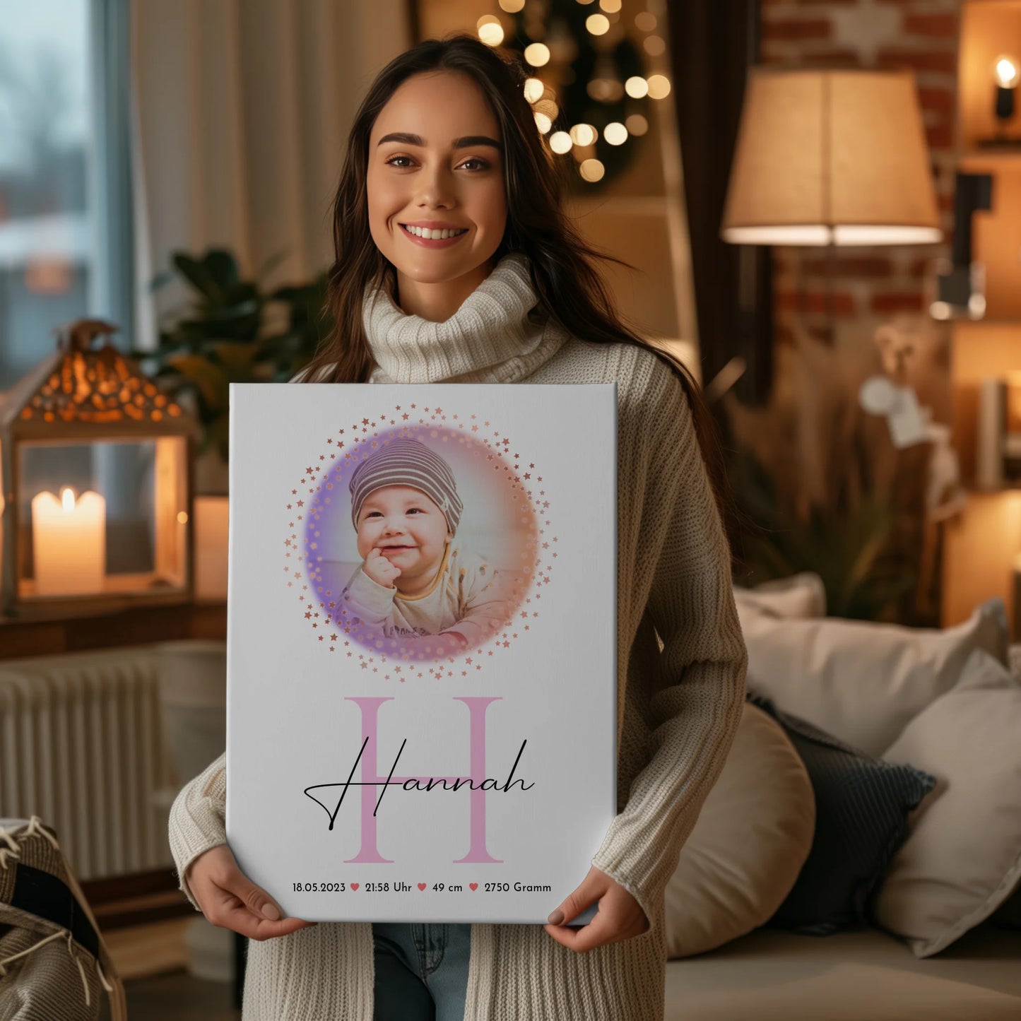 Leinwand Wandbild Fotocollage mit Geburtsdaten Baby mit Namen & Foto