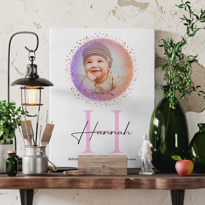 Leinwand Wandbild Fotocollage mit Geburtsdaten Baby mit Namen & Foto