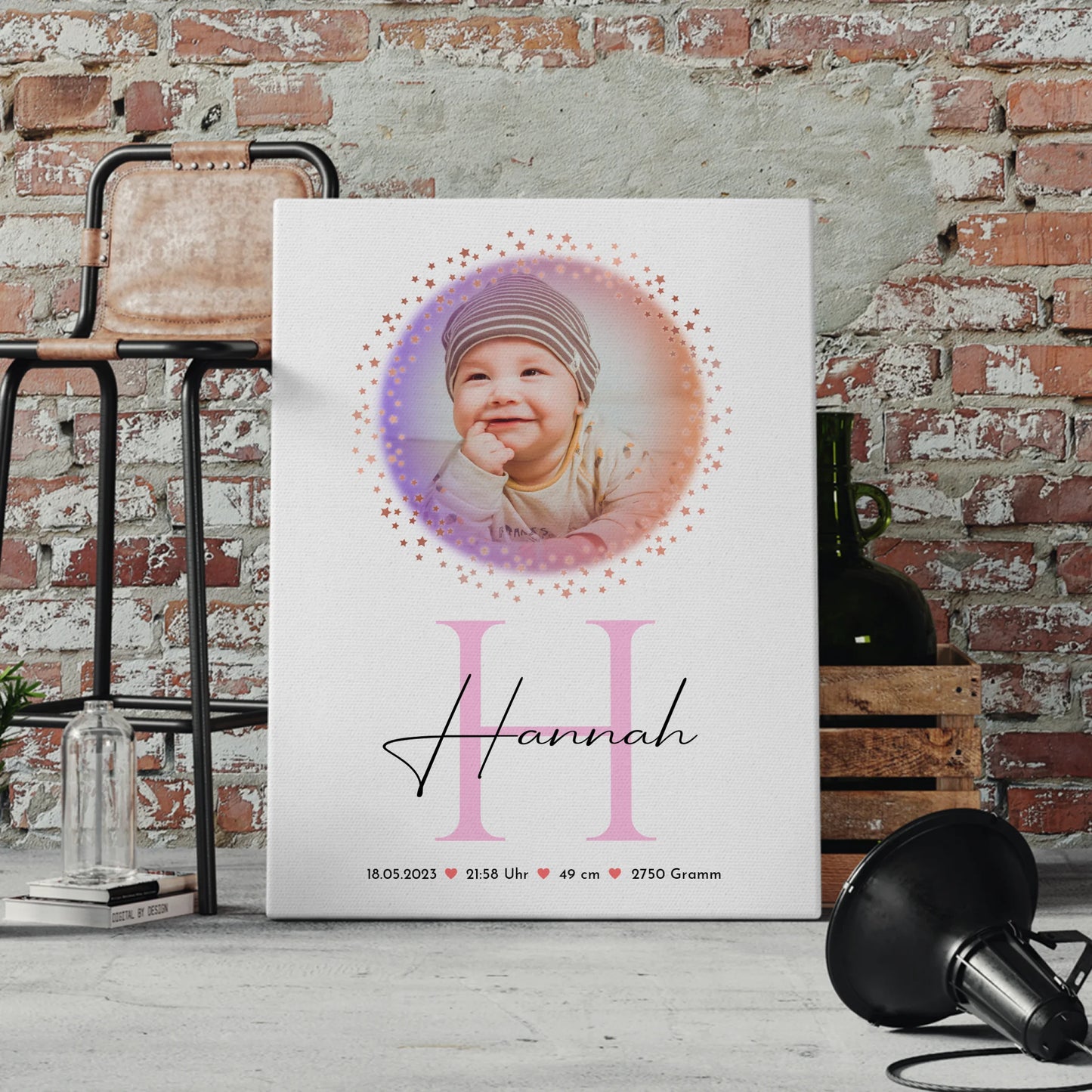 Leinwand Wandbild Fotocollage mit Geburtsdaten Baby mit Namen & Foto
