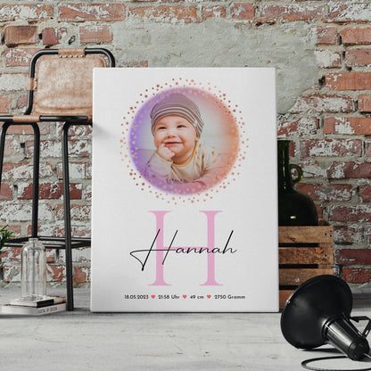 Leinwand Wandbild Fotocollage mit Geburtsdaten Baby mit Namen & Foto