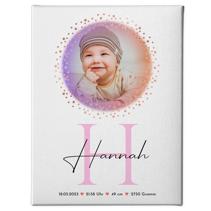 Leinwand Wandbild Fotocollage mit Geburtsdaten Baby mit Namen & Foto