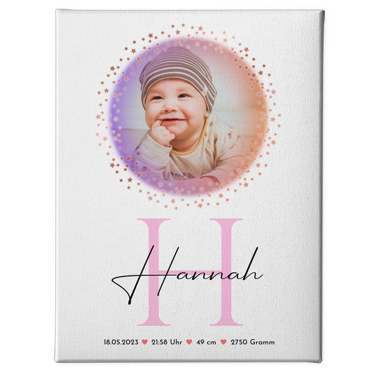 Leinwand Wandbild Fotocollage mit Geburtsdaten Baby mit Namen & Foto