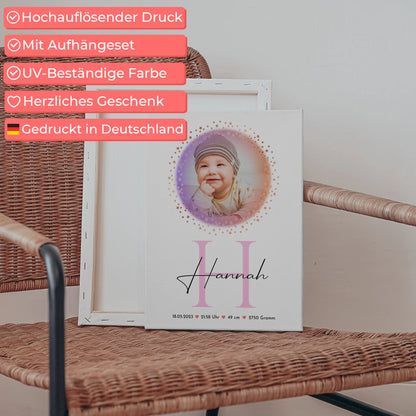 Leinwand Wandbild Fotocollage mit Geburtsdaten Baby mit Namen & Foto