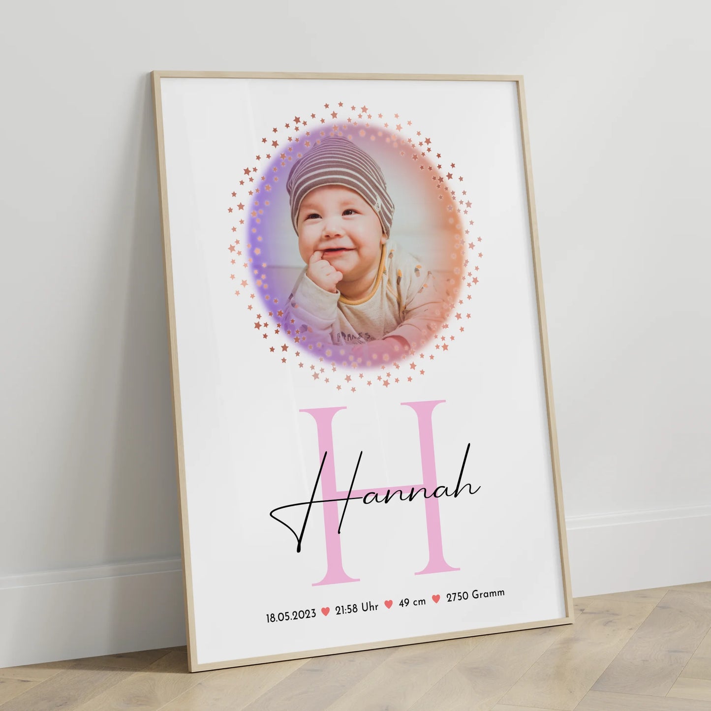 Geburtsdaten Poster für Baby mit Namen, Foto & Initiale