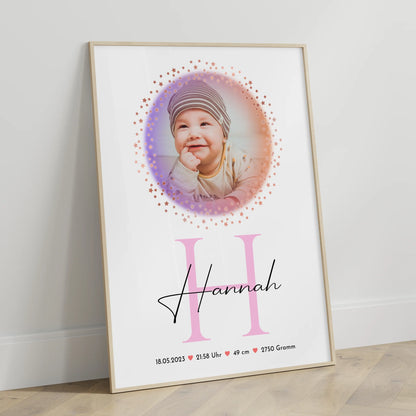 Geburtsdaten Poster für Baby mit Namen, Foto & Initiale
