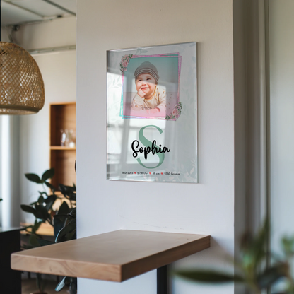 Acrylglas Wandbild personalisiert Baby mit Foto, Name & Initial, Geburtsdaten
