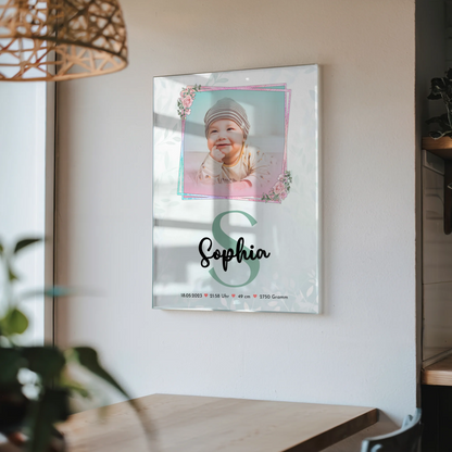 Acrylglas Wandbild personalisiert Baby mit Foto, Name & Initial, Geburtsdaten