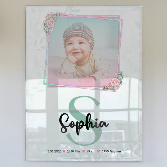 Acrylglas Wandbild personalisiert Baby mit Foto, Name & Initial, Geburtsdaten