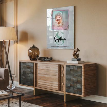 Acrylglas Wandbild personalisiert Baby mit Foto, Name & Initial, Geburtsdaten