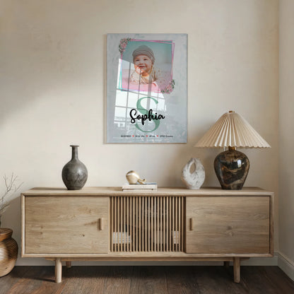 Acrylglas Wandbild personalisiert Baby mit Foto, Name & Initial, Geburtsdaten