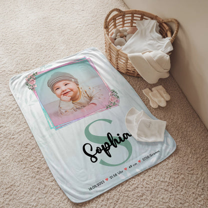 Personalisierte Babydecke Mit Namen mit Foto, Geburtsdaten, Initiale & Name