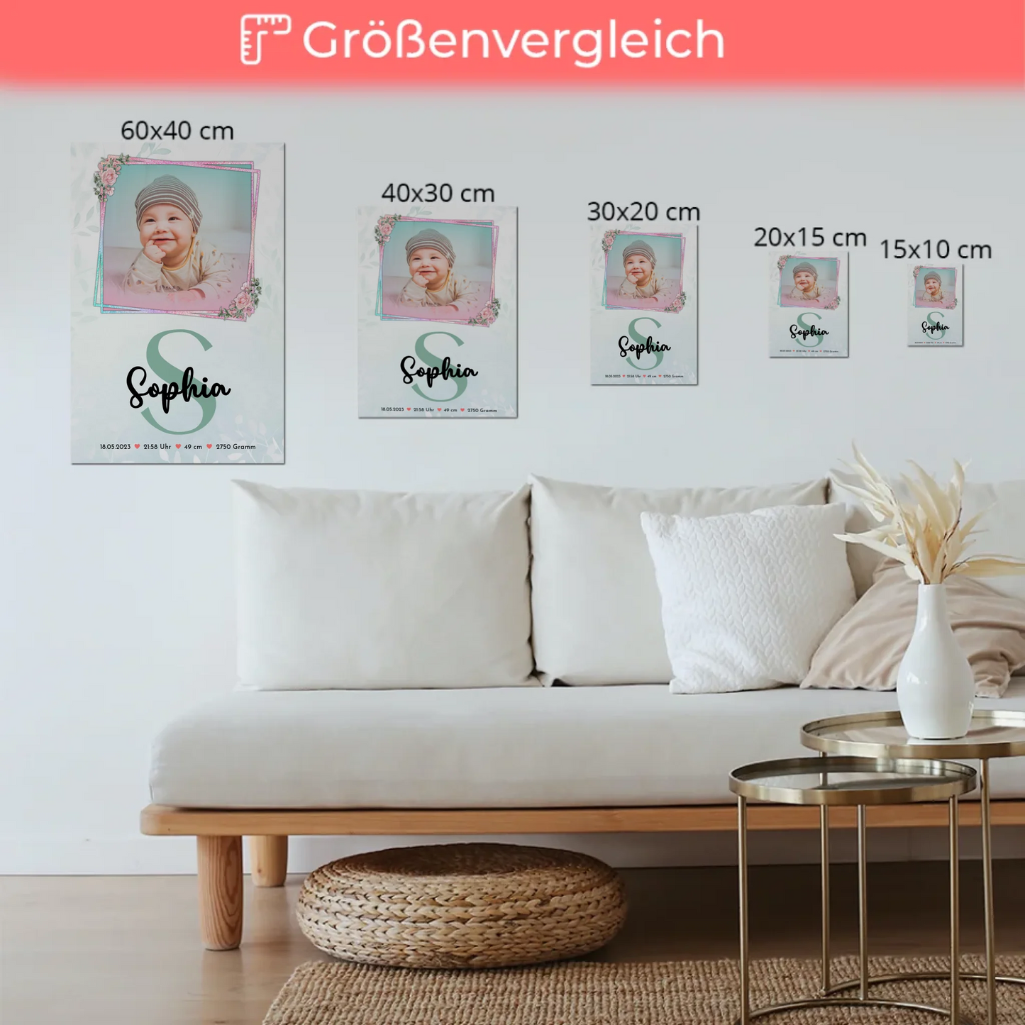 Magnetposter Fotoboard Geburt Baby mit Foto, Name und Geburtsdaten personalisierbar