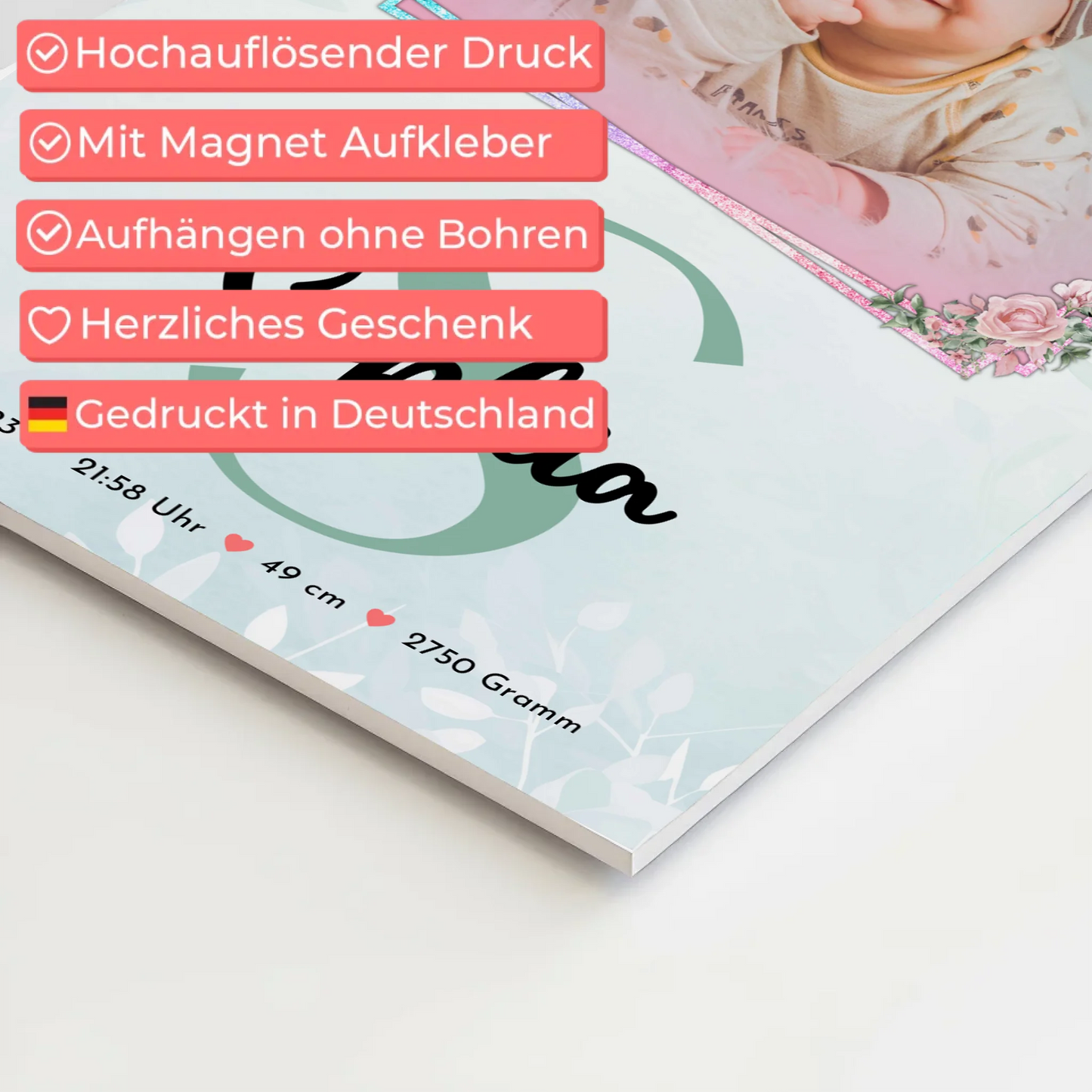 Magnetposter Fotoboard Geburt Baby mit Foto, Name und Geburtsdaten personalisierbar