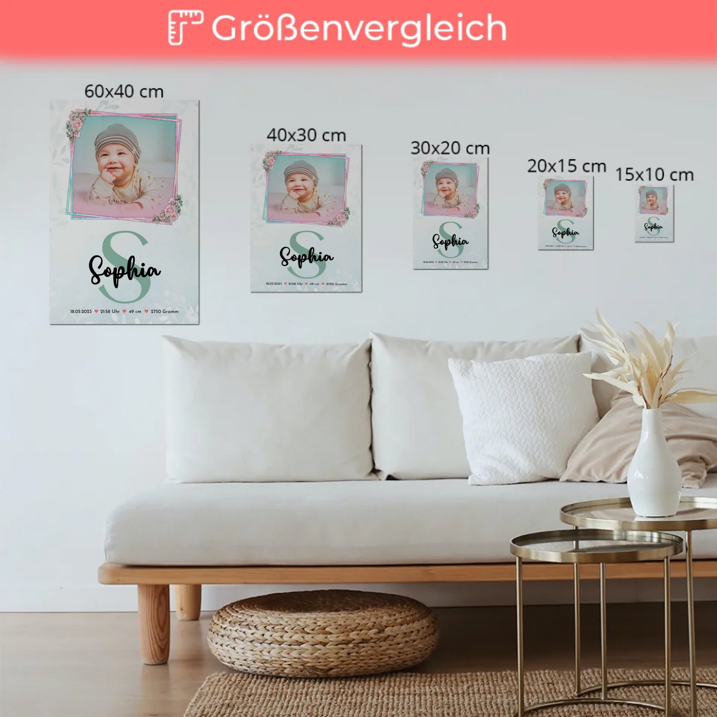 Magnetposter Fotoboard Geburt Baby mit Foto, Name und Geburtsdaten personalisierbar