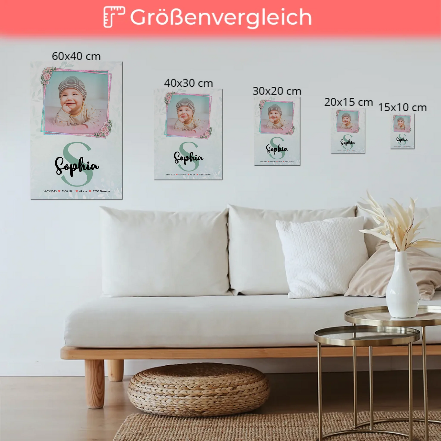 Magnetposter Fotoboard Geburt Baby mit Foto, Name und Geburtsdaten personalisierbar