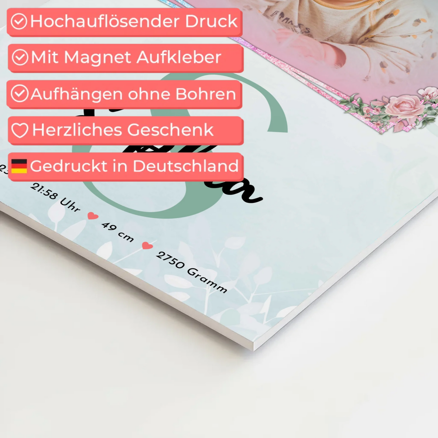 Magnetposter Fotoboard Geburt Baby mit Foto, Name und Geburtsdaten personalisierbar