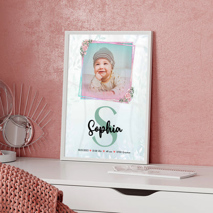 Geburtsdaten Poster mit Foto: Baby Name & Initiale, Gewicht Größe Uhrzeit Datum