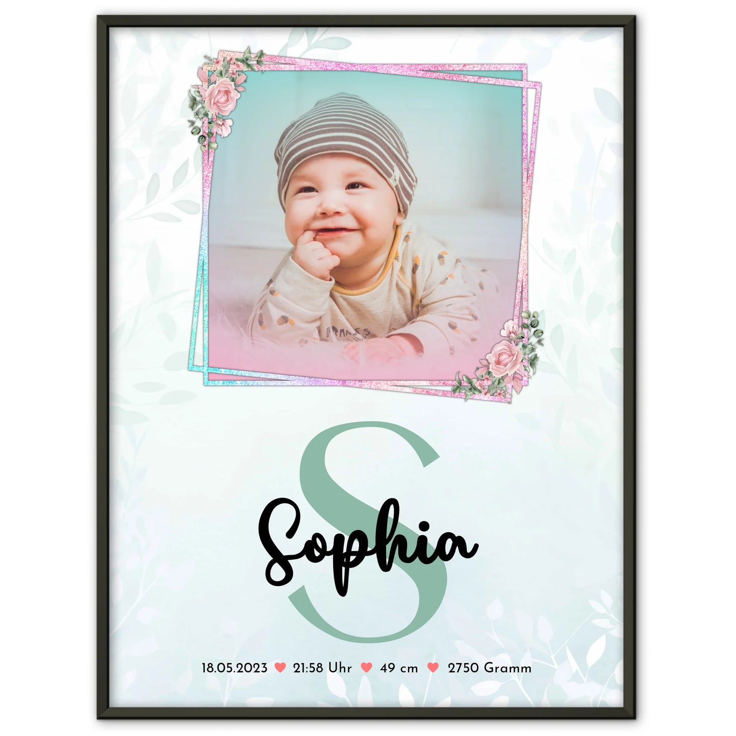 Geburtsdaten Poster mit Foto: Baby Name & Initiale, Gewicht Größe Uhrzeit Datum